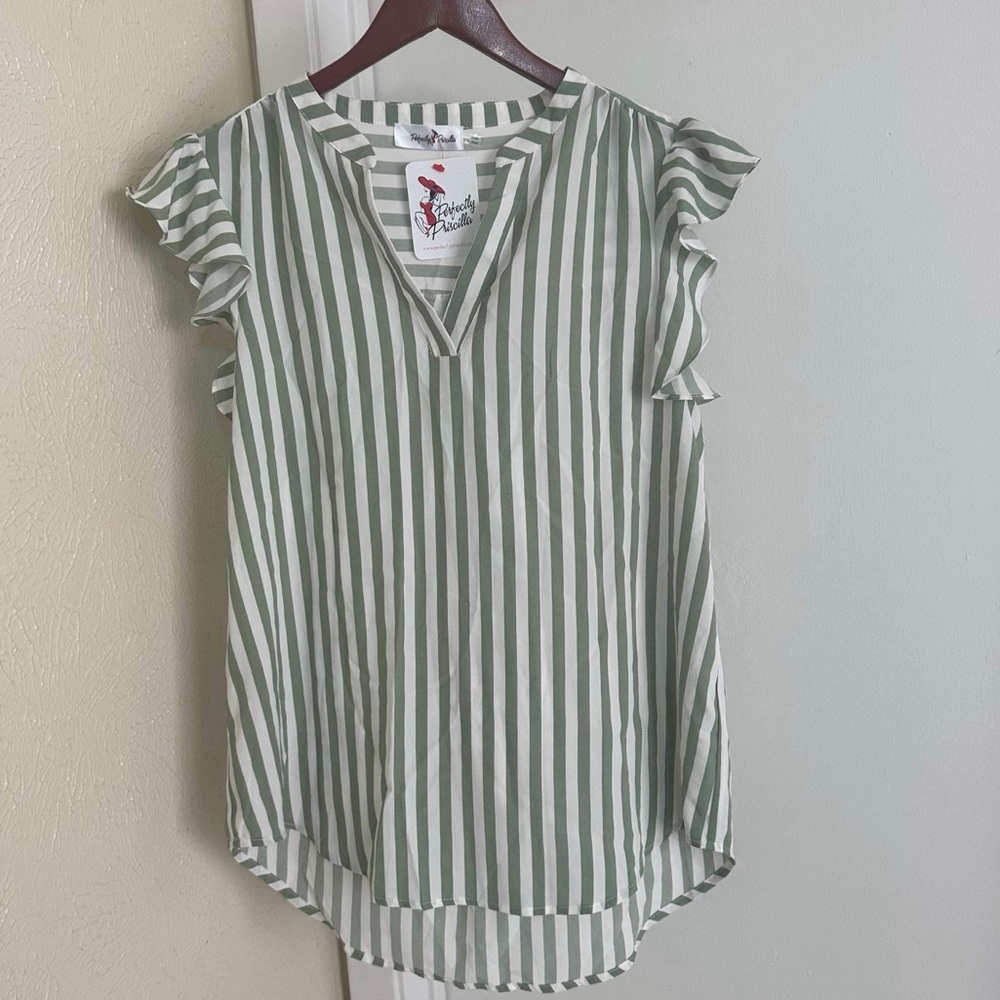 Perfectly Priscilla Ruffled Shoulders/Green Vertical Stripped Blouse LG *NWT*
